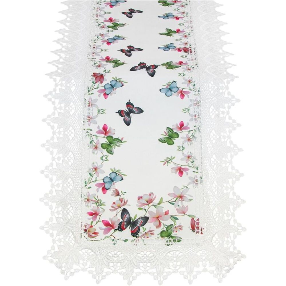 Butterfly Blossoms Lace Trimmed White Fabric 70" Table Runner